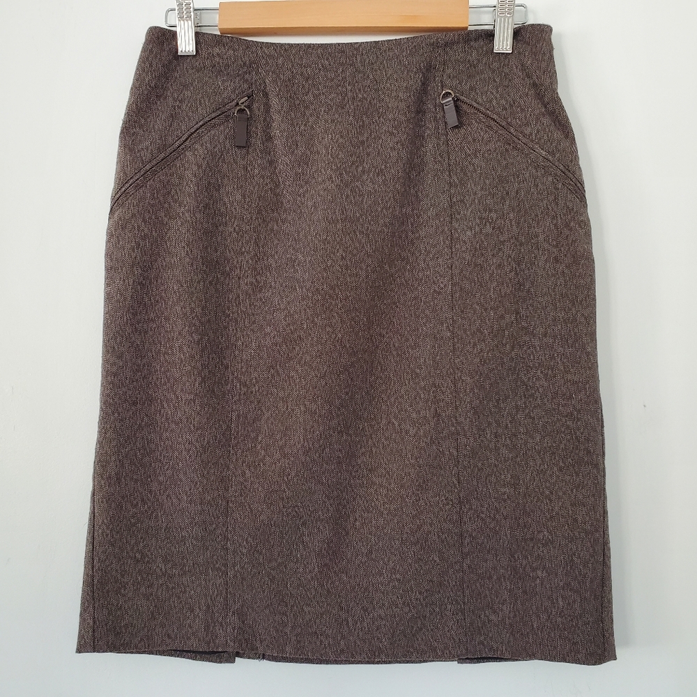 COLDWATER CREEK 6 Brown Pencil Skirt Double Vents 2 Zip Pockets Knee OFFICE EUC